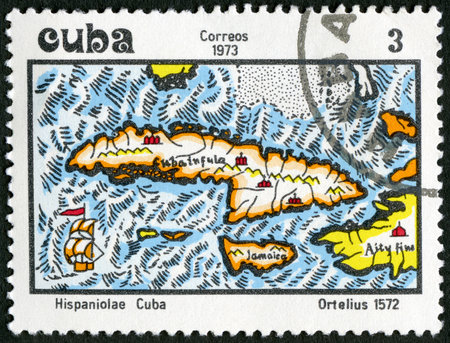 CUBA - CIRCA 1973: A stamp printed in Cuba shows Map of Cuba, 1572, by Abraham Ortelius, circa 1973のeditorial素材