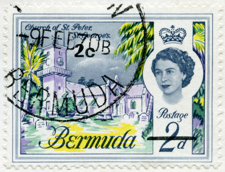 BERMUDA - CIRCA 1962: A stamp printed in Bermuda shows Church of St. Peter, circa 1962のeditorial素材