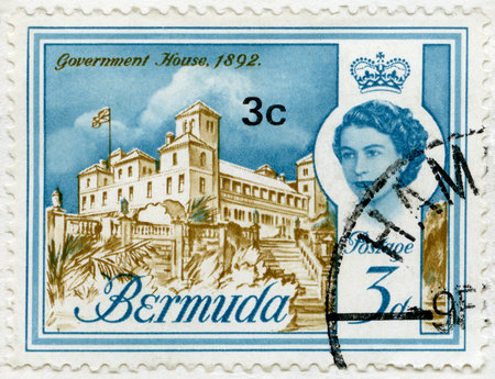 BERMUDA - CIRCA 1962: A stamp printed in Bermuda shows Government House, 1892, circa 1962のeditorial素材