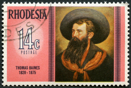 RHODESIA - CIRCA 1975: A stamp in Rhodesia shows Thomas Baines (1820-1875), self-portrait, series Famous Rhodesians, circa 1975のeditorial素材