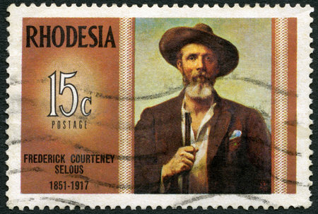 RHODESIA - CIRCA 1971: A stamp in Rhodesia shows Frederick Courteney Selous (1851-1917), explorer, big game hunter, series Famous Rhodesians, circa 1971のeditorial素材