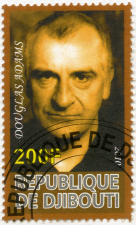 DJIBOUTI - CIRCA 2010: A stamp printed in Republic of Djibouti shows Douglas Adams (1952-2001), circa 2010のeditorial素材