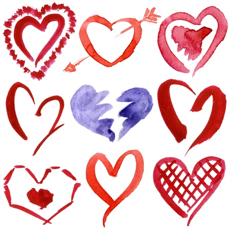 Abstract hand drawn watercolor hearts set isolated on a white backgroundの写真素材
