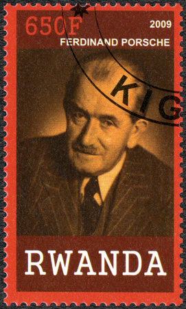 RWANDA - CIRCA 2009: A stamp printed in Republic of Rwanda shows portrait of Ferdinand Porsche (1875-1951), circa 2009のeditorial素材
