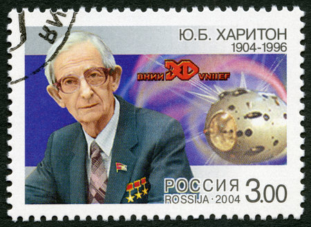 RUSSIA - CIRCA 2004  A stamp printed in Russia dedicated the 100th birth anniversary of Yu B Khariton  1904-1996 , a physicist, circa 2004のeditorial素材