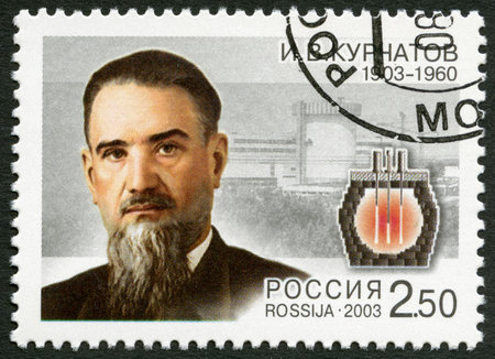 RUSSIA - CIRCA 2003  A stamp printed in Russia dedicated the 100th birth anniversary of I V Kurchatov  1903-1960 , a physicist, circa 2003のeditorial素材