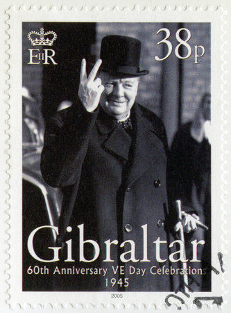 GIBRALTAR - CIRCA 2005 : A stamp printed in Gibraltar shows Sir Winston Spencer Churchill (1874-1965), 60th Anniversary of Victory in Europe Day, circa 2005のeditorial素材