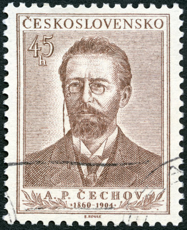 CZECHOSLOVAKIA - CIRCA 1954: A stamp printed in Czechoslovakia shows Anton Pavlovich Chekhov (1860-1904), circa 1954のeditorial素材