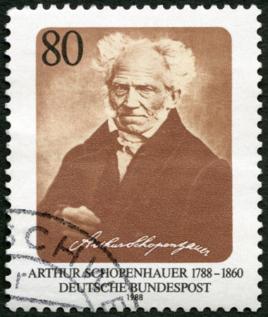 GERMANY - CIRCA 1988: A stamp printed in Germany shows Arthur Schopenhauer (1788-1860), philosopher, circa 1988のeditorial素材
