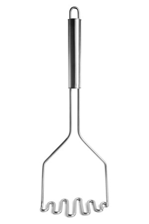 Metal potato masher on white の写真素材