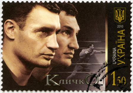 UKRAINE - CIRCA 2010: A stamp printed in Ukraine shows Ukrainian boxers Vitaliy and Volodymyr Klitschko, circa 2010のeditorial素材