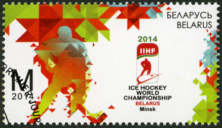 BELARUS - CIRCA 2014: A stamp printed in Belarus dedicated to the 2014 IIHF Ice Hockey World Championship in Minsk, circa 2014のeditorial素材