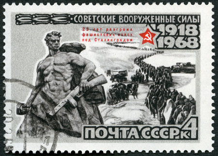 USSR - CIRCA 1968: A stamp printed in USSR shows "Battle of Stalingrad" monument and German prisoners of war, series 50th anniversary of the Armed Forces of the USSR, circa 1968のeditorial素材