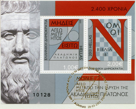 GREECE - CIRCA 2013: A stamp printed in Greece shows Plato mathematics maths geometry law book, devoted 2400 years of Plato Academy, circa 2013のeditorial素材