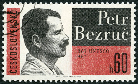 CZECHOSLOVAKIA - CIRCA 1967: A stamp printed in Czechoslovakia shows Peter Bezruc (1867-1958), poet and writer, birth century, circa 1967のeditorial素材