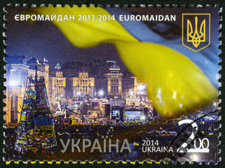 UKRAINE - CIRCA 2014: A stamp printed in Ukraine devoted Euromaidan 2013-2014, circa 2014のeditorial素材