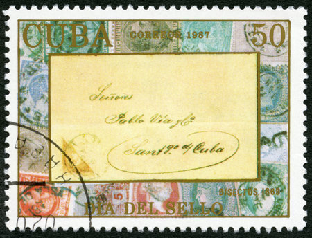 CUBA - CIRCA 1987: A stamp printed in Cuba shows stamped cover and canceled stamps, Santiago de Cuba, 1869, devoted Stamp Day, circa 1987のeditorial素材