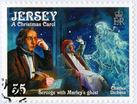 JERSEY - CIRCA 2012: A stamp printed in Jersey shows illustrations from A Christmas Carol, 200th anniversary of Charles Dickens(1812-1870), circa 2012のeditorial素材