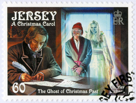 JERSEY - CIRCA 2012: A stamp printed in Jersey shows illustrations from A Christmas Carol, 200th anniversary of Charles Dickens(1812-1870), circa 2012のeditorial素材