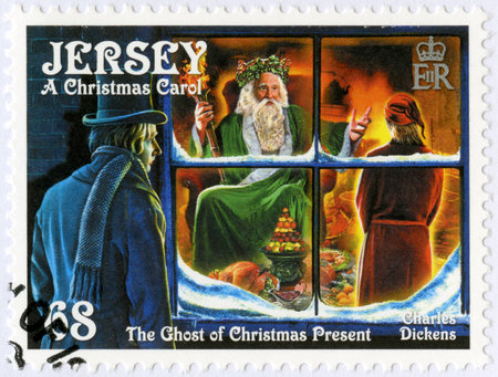 JERSEY - CIRCA 2012: A stamp printed in Jersey shows illustrations from A Christmas Carol, 200th anniversary of Charles Dickens(1812-1870), circa 2012のeditorial素材
