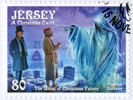 JERSEY - CIRCA 2012: A stamp printed in Jersey shows illustrations from A Christmas Carol, 200th anniversary of Charles Dickens(1812-1870), circa 2012のeditorial素材