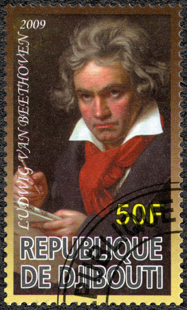 DJIBOUTI - CIRCA 2009: A stamp printed in Republic of Djibouti shows Ludwig van Beethoven (1770-1827), composer, circa 2009のeditorial素材