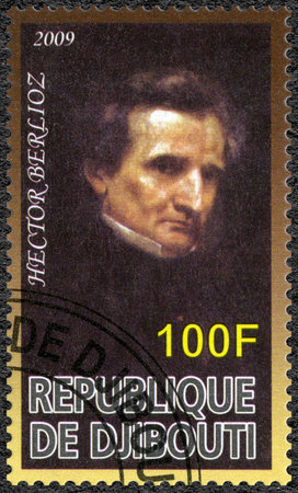 DJIBOUTI - CIRCA 2009: A stamp printed in Republic of Djibouti shows Hector Berlioz (1803-1869), composer, circa 2009のeditorial素材