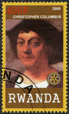 RWANDA - CIRCA 2009: A stamp printed in Republic of Rwanda shows portrait of Christopher Columbus (1450-1506), circa 2009のeditorial素材
