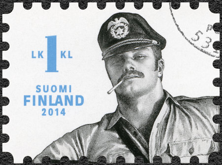 FINLAND - CIRCA 2014: A stamp printed in Finland shows drawing by Tom of Finland, circa 2014のeditorial素材