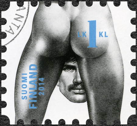 FINLAND - CIRCA 2014: A stamp printed in Finland shows drawing by Tom of Finland, circa 2014のeditorial素材