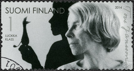 FINLAND - CIRCA 2014: A stamp printed in Finland shows Tove Jansson, writer, 100th birth anniversary, circa 2014のeditorial素材