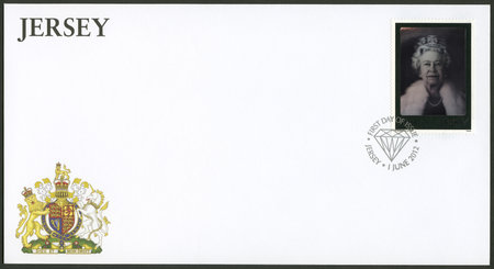 JERSEY - CIRCA 2012: A stamp printed in Jersey shows the first official holographic portrait of Her Majesty The Queen created by artist Chris Levine and holographer Rob Munday, circa 2012のeditorial素材