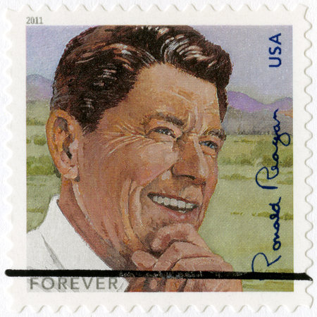 USA - CIRCA 2011: A stamp printed in United States shows Ronald Reagan (1911-2004), 40th President, circa 2011のeditorial素材
