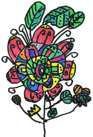Multicoloured flower, childrens hand painted pictureの写真素材