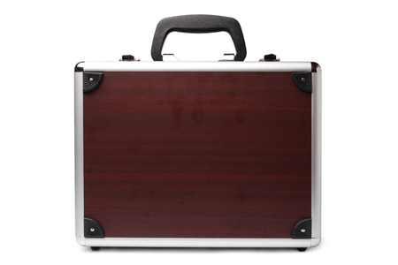 Wooden padded aluminum briefcase on white backgroundの写真素材