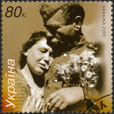 UKRAINE - CIRCA 2005: A stamp printed in Ukraine dedicated End of World War II, 60th anniversary, circa 2005のeditorial素材