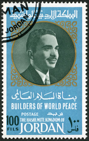 JORDAN - CIRCA 1967: A stamp printed in Jordan shows Portrait of King Hussein of Jordan (1935-1999), series Builders of World Peace, circa 1967のeditorial素材