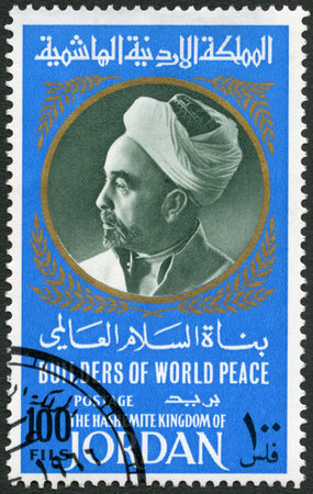JORDAN - CIRCA 1967: A stamp printed in Jordan shows Portrait of King Abdullah I of Jordan (1882-1951), series Builders of World Peace, circa 1967のeditorial素材
