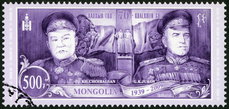 MONGOLIA - CIRCA 2009: A stamp printed in Mongolia shows marshal Georgy Konstantinovich Zhukov (1896-1974) and marshal Khorloogiin Choibalsan (1895-1952), dedicated the War of Khalkhin Go, Khalkh, 1939,  circa 2009のeditorial素材