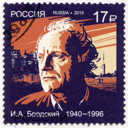 RUSSIA - CIRCA 2015: A stamp printed in Russia shows Iosif (Joseph) Aleksandrovich Brodsky (1940-1996), poet and essayist, series Nobel Laureate in Literature, circa 2015のeditorial素材