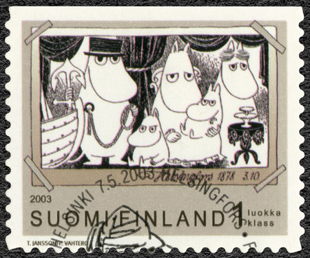 FINLAND - CIRCA 2003: A stamp printed in Finland shows Moomin characters, circa 2003のeditorial素材