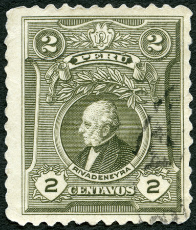 PERU - CIRCA 1924: A stamp printed in Peru shows portrait of Jose Tejada Rivadeneyra, 100th birth anniversary, Centenary of the Battle of Ayacucho which ended Spanish power in South America, circa 1927のeditorial素材