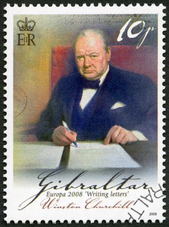 GIBRALTAR - CIRCA 2008: A stamp printed in Gibraltar shows Sir Winston Spencer Churchill (1874-1965), British statesman and WWII leader, series Europa letter writing, circa 2008のeditorial素材