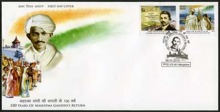 INDIA - CIRCA 2015: A stamp printed in India shows portrait of Mohandas Karamchand Gandhi...