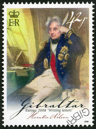 GIBRALTAR - CIRCA 2008: A stamp printed in Gibraltar shows Horatio Lord Nelson, 1st Viscount Nelson (1758-1805), British flag officer, series Europa letter writing, circa 2008のeditorial素材