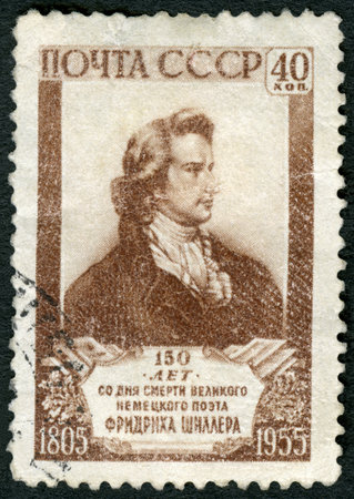 USSR - CIRCA 1955: A stamp printed in USSR shows Johann Christoph Friedrich von Schiller (1759-1805), 150th anniversary of the death, German poet, circa 1955のeditorial素材