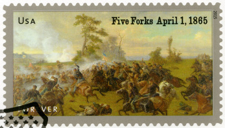 UNITED STATES OF AMERICA - CIRCA 2015: A stamp printed in USA shows the Battle of Five Forks, near Petersburg, Virginia, on April 1, 1865, series The Civil War 1865, circa 2015のeditorial素材