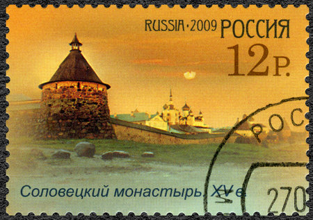 RUSSIA - CIRCA 2009: A stamp printed in Russia shows Solovetsky Monastery, series the worldwide cultural heritage in Russia. Historical - cultural complex in Solovetsky islands, circa 2009のeditorial素材