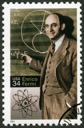 UNITED STATES OF AMERICA - CIRCA 2001: A stamp printed in USA shows of Enrico Fermi (1901-1954), Italian physicist, 100th birth anniversary, circa 2001のeditorial素材