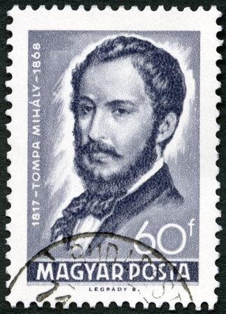 HUNGARY - CIRCA 1968: A stamp printed by Hungary shows Mihaly Tompa (1817-1868), Poet, circa 1968のeditorial素材